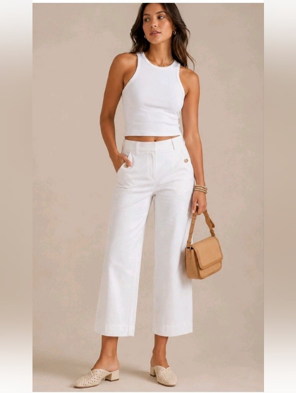 Spanx White Stretch Twill Cropped Wide Leg Pants size M
